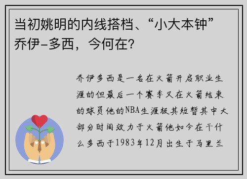 当初姚明的内线搭档、“小大本钟”乔伊-多西，今何在？